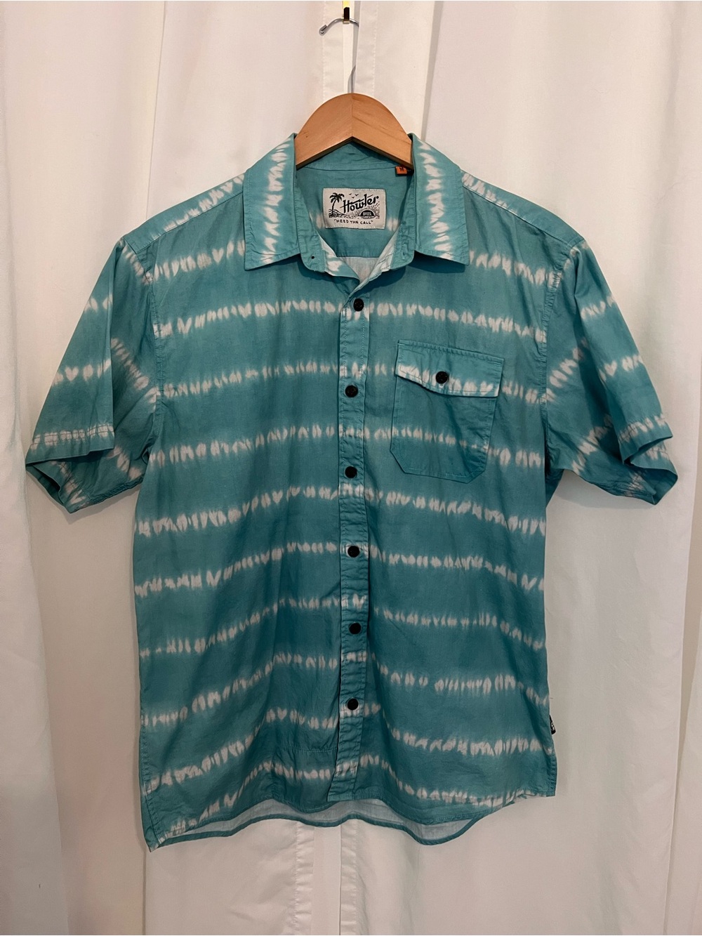 Howler Brothers Teal and White Tie-Dye Short Sleeve Button-Up